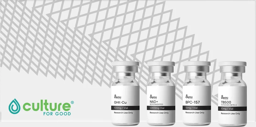 The Culture For Good research peptide kit — GHK-Cu, NAD+, BPC-157 and TB500 vials, each labelled Research Use Only